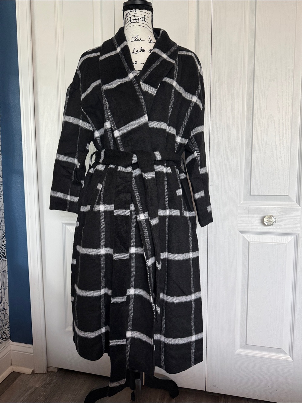 BloomChic Black & White Plaid Wrap Trench Coat